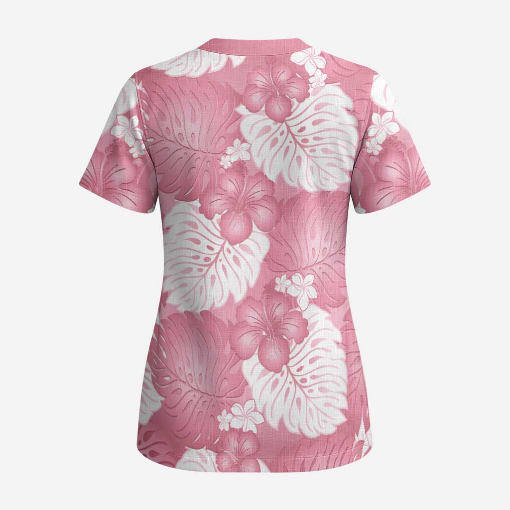 Pink Aloha Hawaii Scrub Top Monstera Hibiscus Plumeria Seamless Vibes - Polynesian Pride