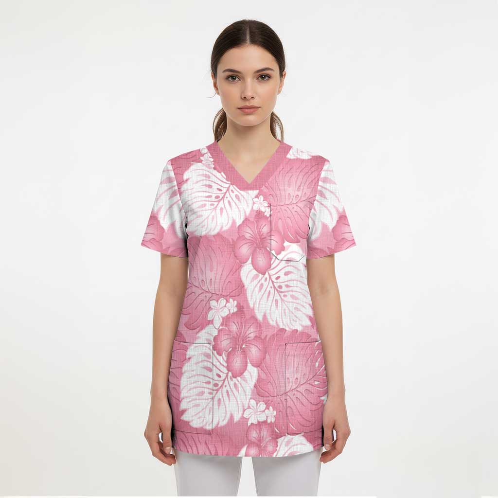 Pink Aloha Hawaii Scrub Top Monstera Hibiscus Plumeria Seamless Vibes - Polynesian Pride