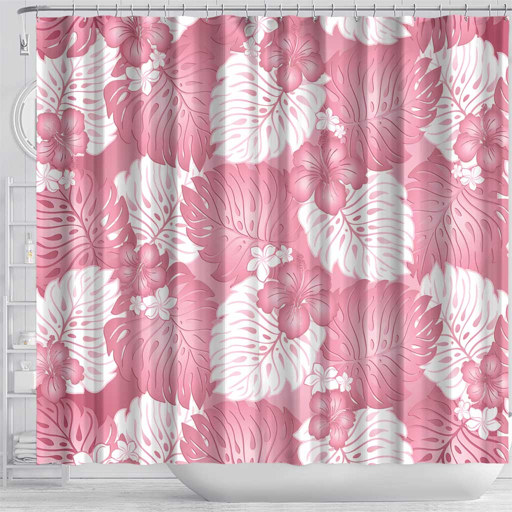 Pink Aloha Hawaii Shower Curtain Monstera Hibiscus Plumeria Seamless Vibes - Polynesian Pride