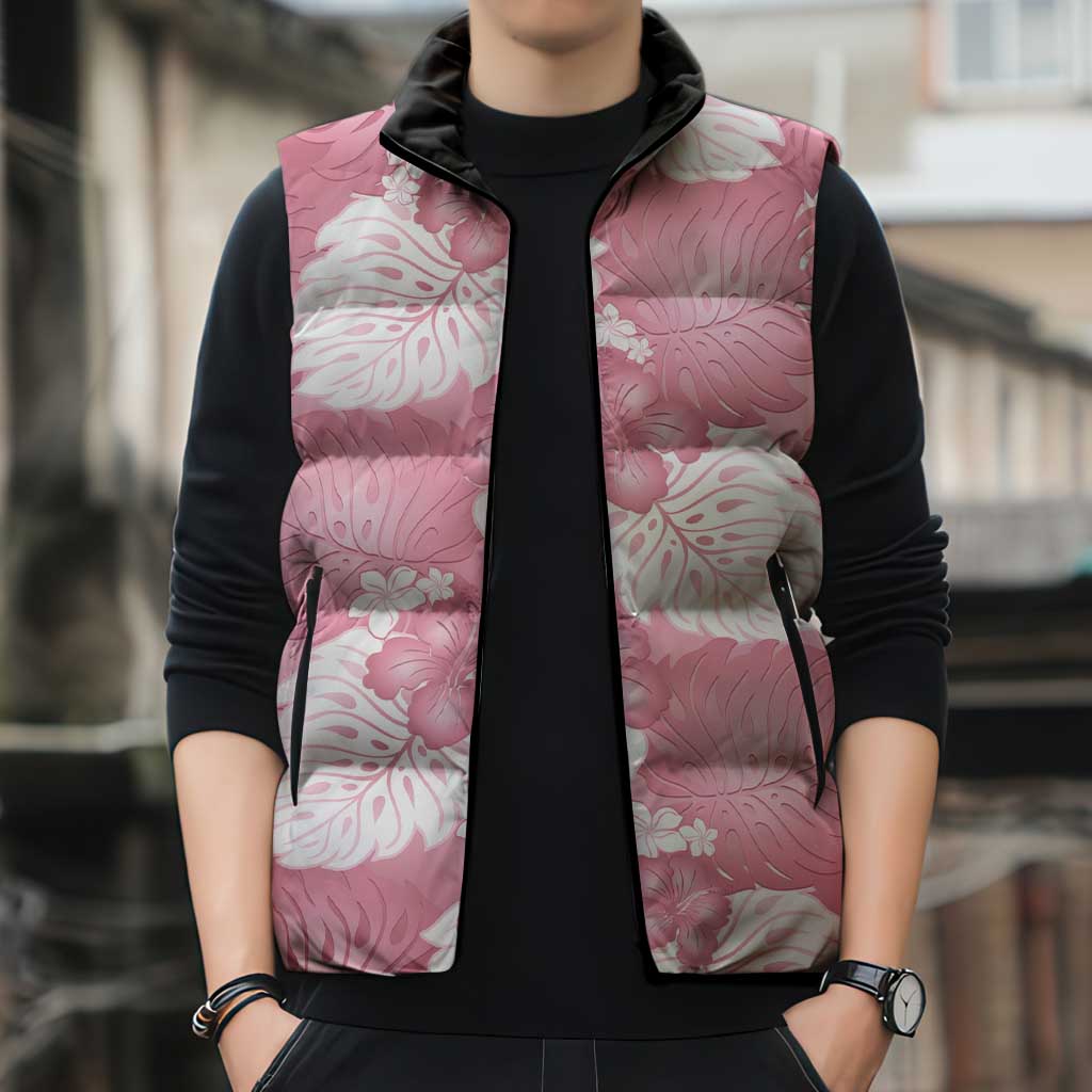 Pink Aloha Hawaii Sleeveless Puffer Jacket Monstera Hibiscus Plumeria Seamless Vibes - Polynesian Pride