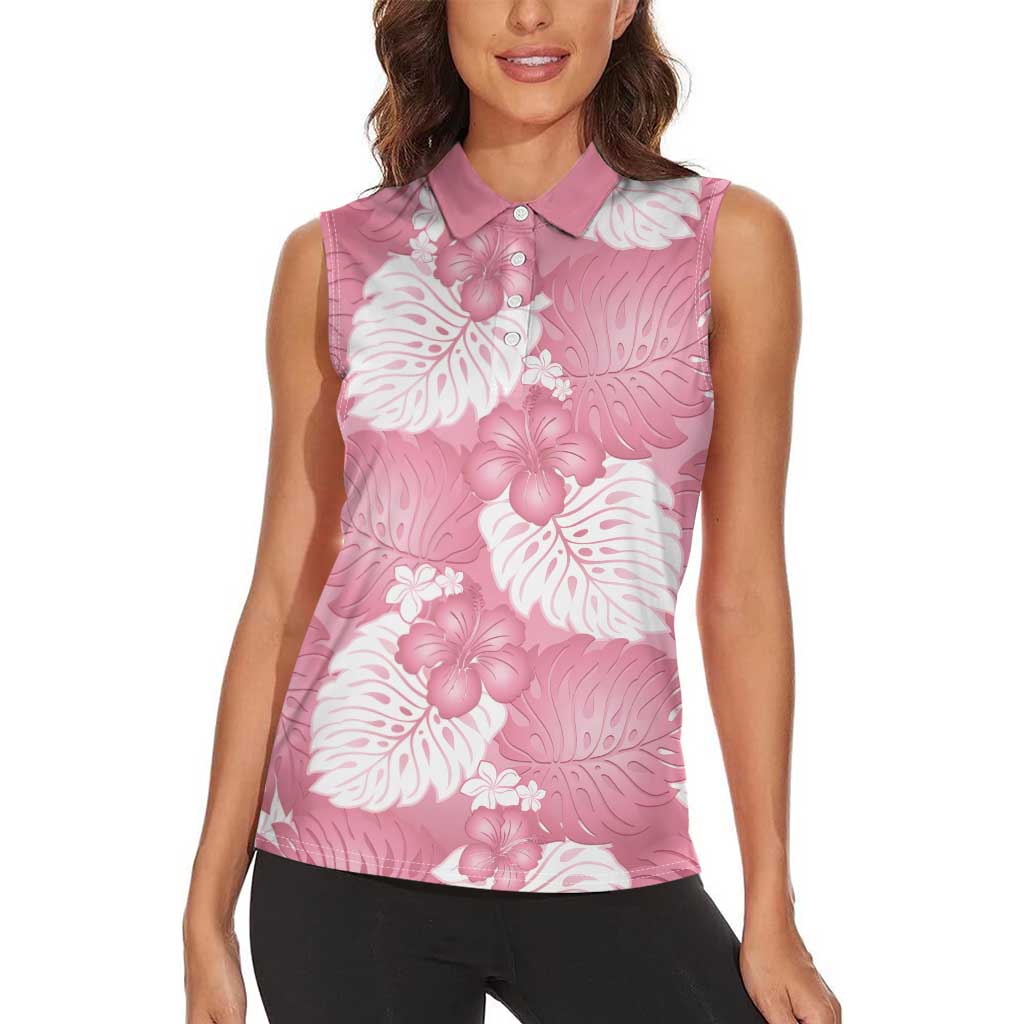 Pink Aloha Hawaii Women Sleeveless Polo Shirt Monstera Hibiscus Plumeria Seamless Vibes - Polynesian Pride