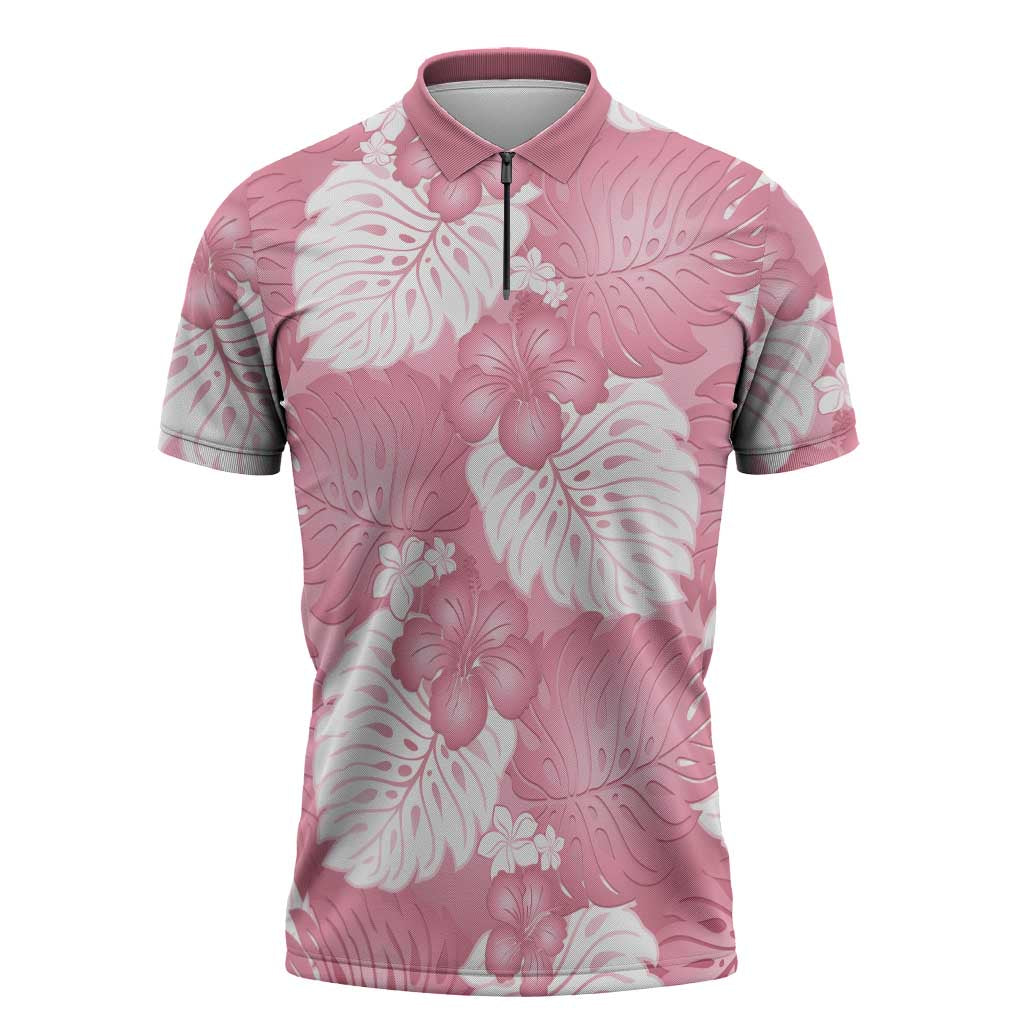 Pink Aloha Hawaii Zipper Polo Shirt Monstera Hibiscus Plumeria Seamless Vibes - Polynesian Pride