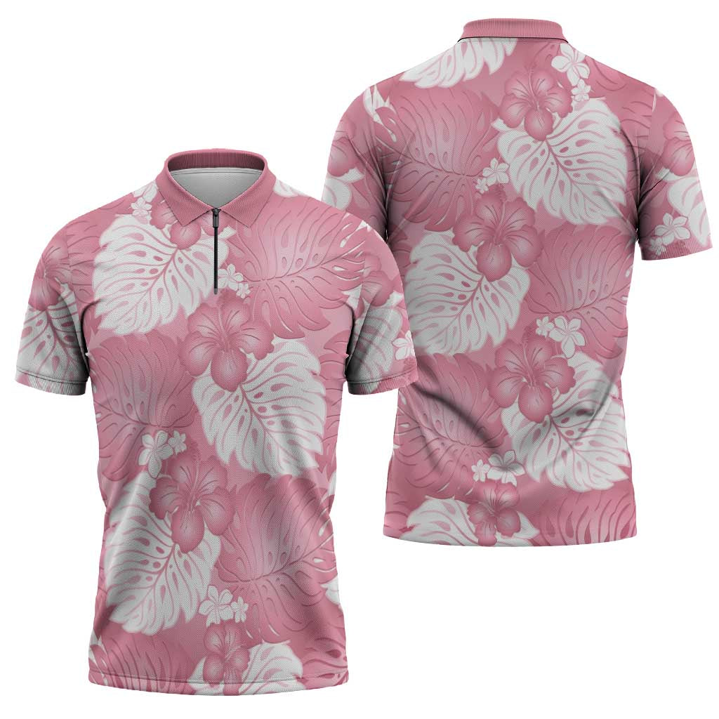 Pink Aloha Hawaii Zipper Polo Shirt Monstera Hibiscus Plumeria Seamless Vibes - Polynesian Pride