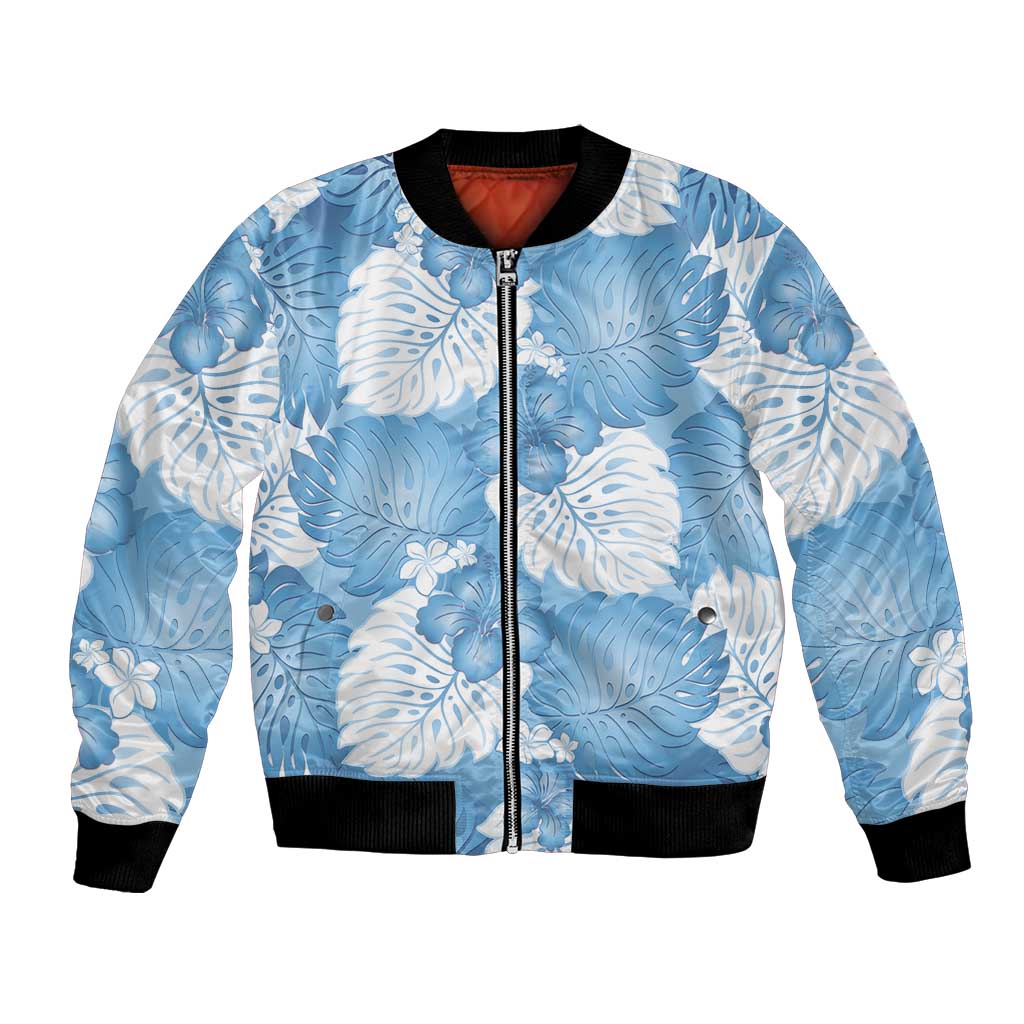 Blue Aloha Hawaii Bomber Jacket Monstera Hibiscus Plumeria Seamless Vibes - Polynesian Pride