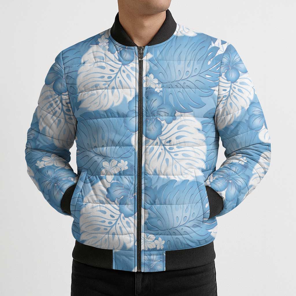Blue Aloha Hawaii Bomber Puffer Jacket Monstera Hibiscus Plumeria Seamless Vibes - Polynesian Pride