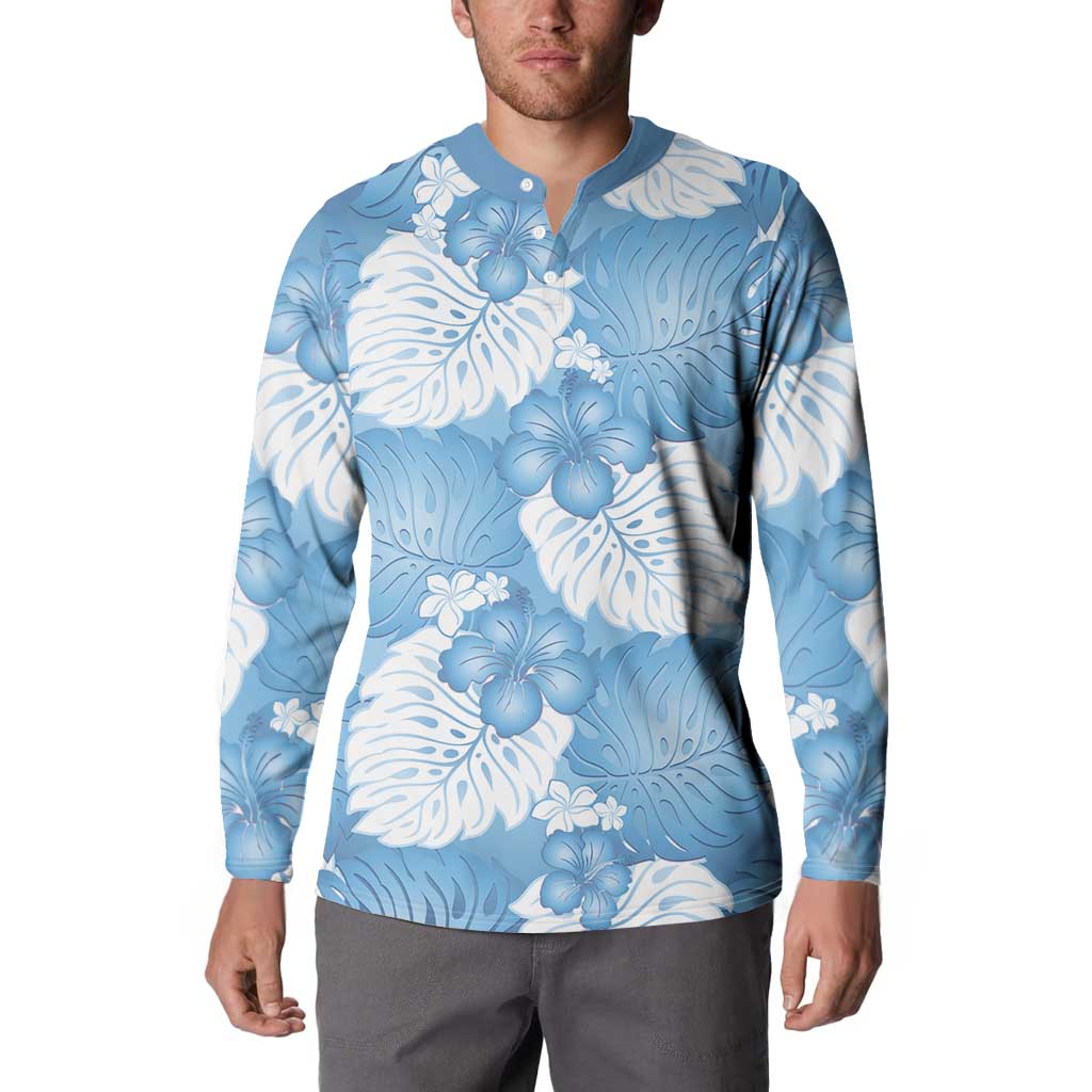 Blue Aloha Hawaii Button Sweatshirt Monstera Hibiscus Plumeria Seamless Vibes - Polynesian Pride