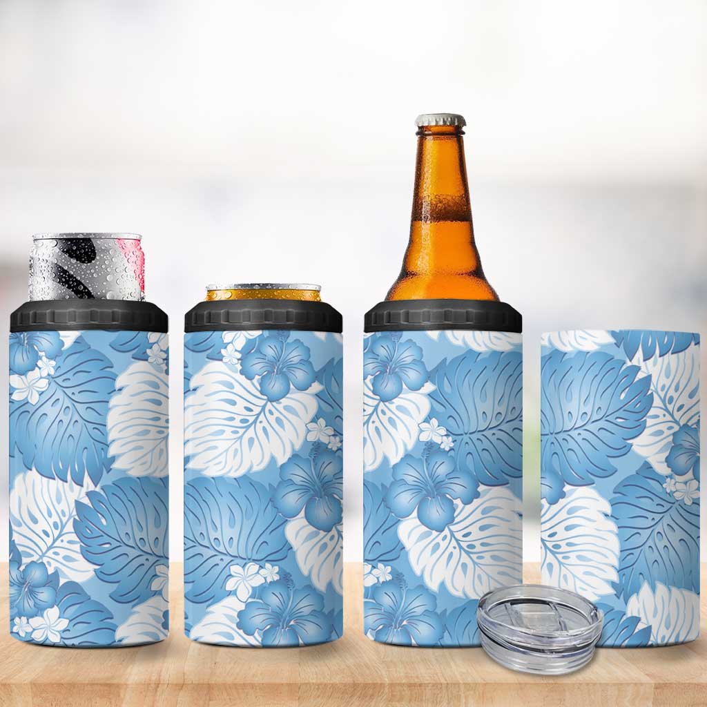 Blue Aloha Hawaii 4 in 1 Can Cooler Tumbler Monstera Hibiscus Plumeria Seamless Vibes - Polynesian Pride