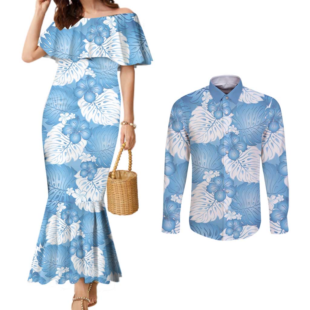 Blue Aloha Hawaii Couples Matching Mermaid Dress and Long Sleeve Button Shirt Monstera Hibiscus Plumeria Seamless Vibes - Polynesian Pride