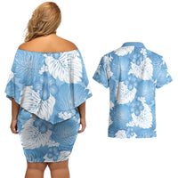 Blue Aloha Hawaii Couples Matching Off Shoulder Short Dress and Hawaiian Shirt Monstera Hibiscus Plumeria Seamless Vibes - Polynesian Pride