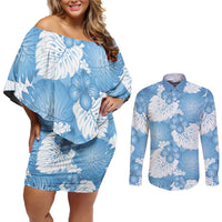 Blue Aloha Hawaii Couples Matching Off Shoulder Short Dress and Long Sleeve Button Shirt Monstera Hibiscus Plumeria Seamless Vibes - Polynesian Pride
