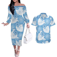 Blue Aloha Hawaii Couples Matching Off The Shoulder Long Sleeve Dress and Hawaiian Shirt Monstera Hibiscus Plumeria Seamless Vibes - Polynesian Pride