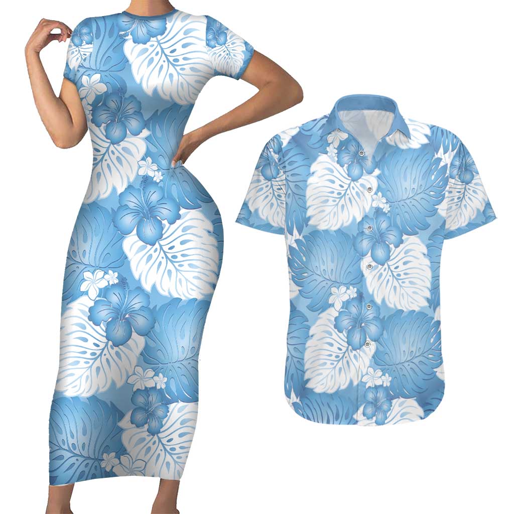 Blue Aloha Hawaii Couples Matching Short Sleeve Bodycon Dress and Hawaiian Shirt Monstera Hibiscus Plumeria Seamless Vibes - Polynesian Pride