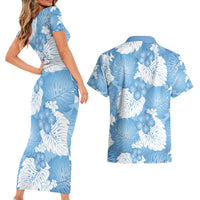 Blue Aloha Hawaii Couples Matching Short Sleeve Bodycon Dress and Hawaiian Shirt Monstera Hibiscus Plumeria Seamless Vibes - Polynesian Pride