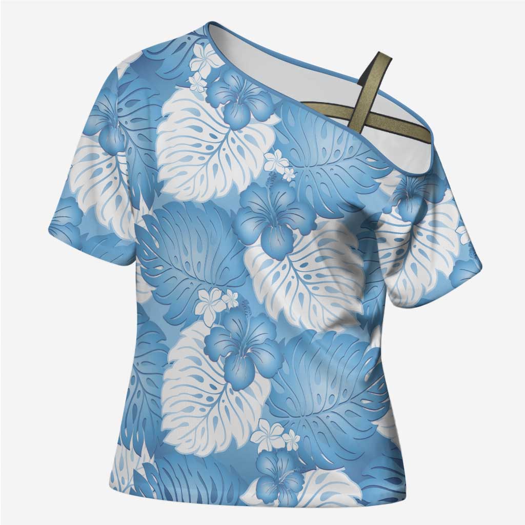 Blue Aloha Hawaii Cross Shoulder Shirt Monstera Hibiscus Plumeria Seamless Vibes - Polynesian Pride
