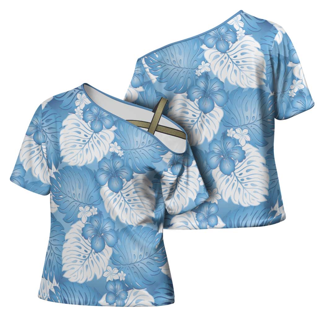 Blue Aloha Hawaii Cross Shoulder Shirt Monstera Hibiscus Plumeria Seamless Vibes - Polynesian Pride