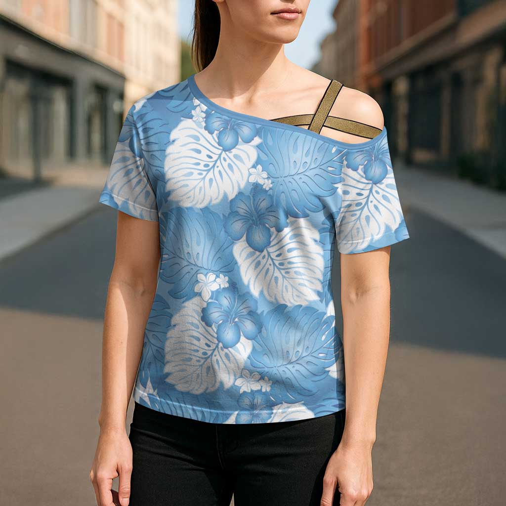 Blue Aloha Hawaii Cross Shoulder Shirt Monstera Hibiscus Plumeria Seamless Vibes - Polynesian Pride