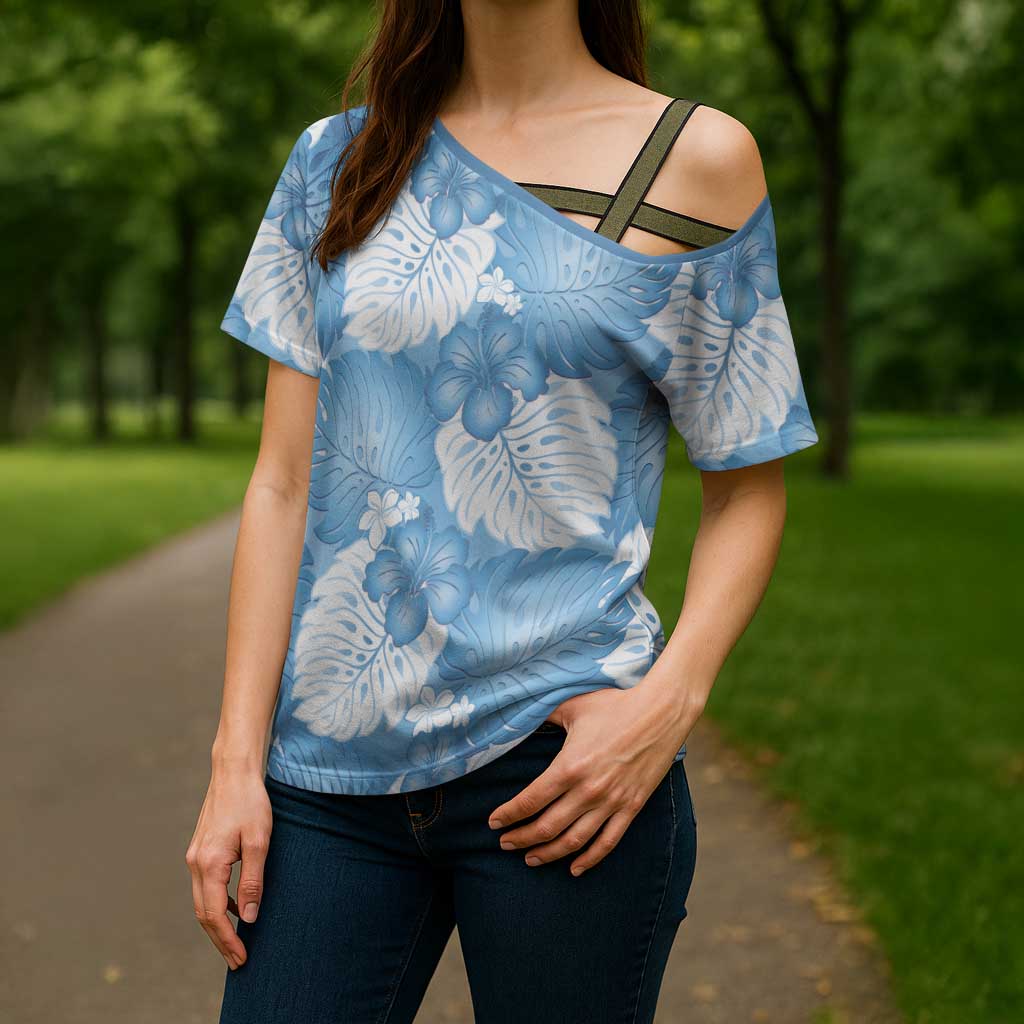 Blue Aloha Hawaii Cross Shoulder Shirt Monstera Hibiscus Plumeria Seamless Vibes - Polynesian Pride