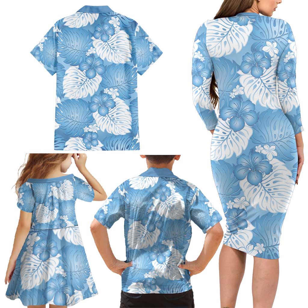 Blue Aloha Hawaii Family Matching Long Sleeve Bodycon Dress and Hawaiian Shirt Monstera Hibiscus Plumeria Seamless Vibes - Polynesian Pride
