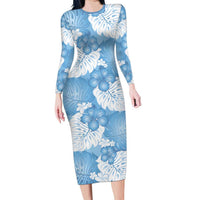 Blue Aloha Hawaii Family Matching Long Sleeve Bodycon Dress and Hawaiian Shirt Monstera Hibiscus Plumeria Seamless Vibes - Polynesian Pride