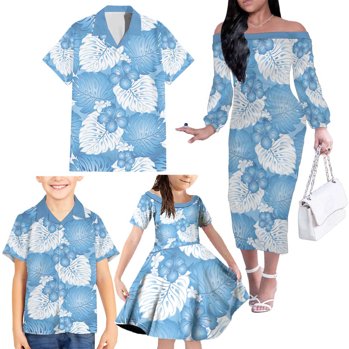 Blue Aloha Hawaii Family Matching Off The Shoulder Long Sleeve Dress and Hawaiian Shirt Monstera Hibiscus Plumeria Seamless Vibes - Polynesian Pride