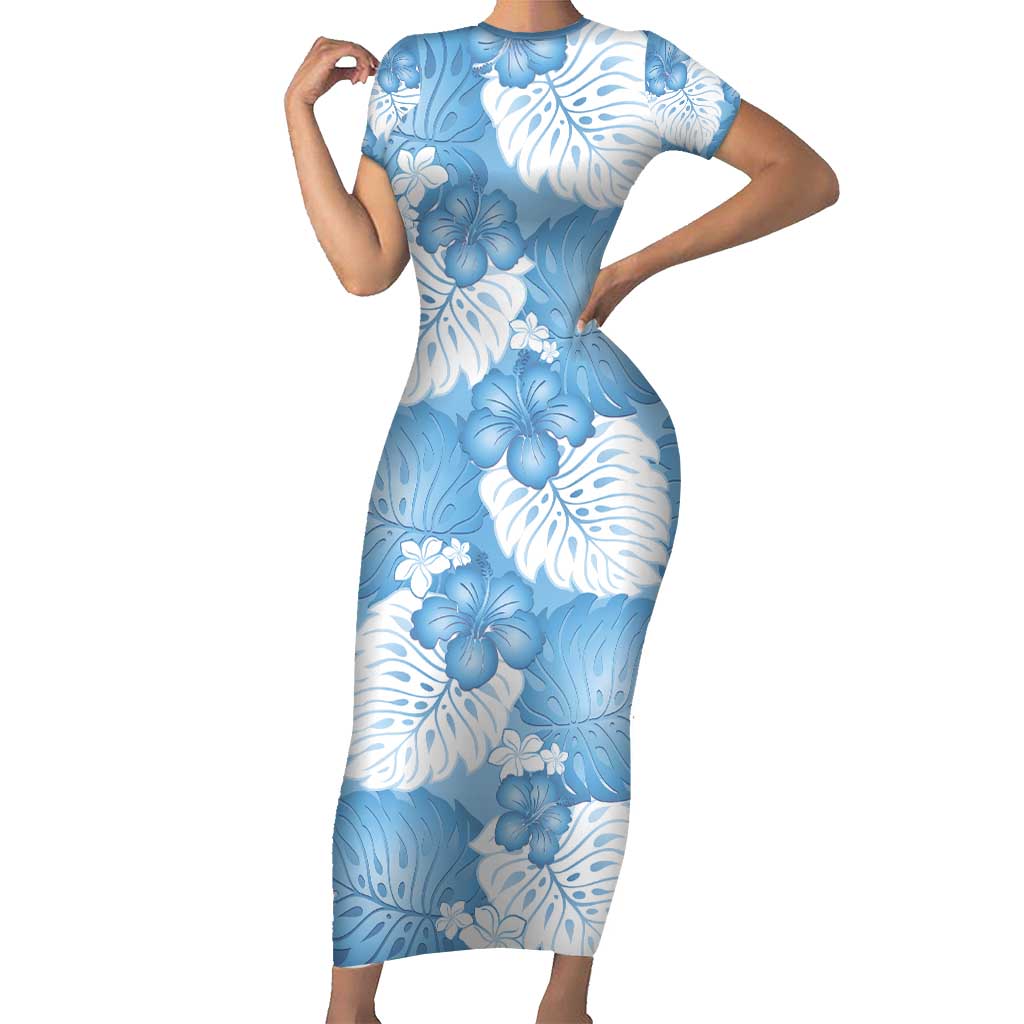 Blue Aloha Hawaii Family Matching Short Sleeve Bodycon Dress and Hawaiian Shirt Monstera Hibiscus Plumeria Seamless Vibes - Polynesian Pride