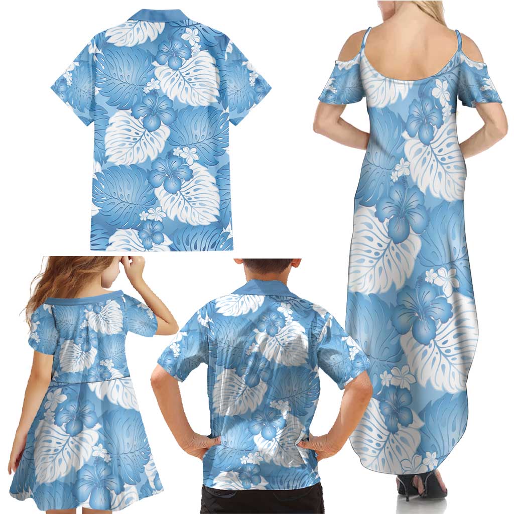 Blue Aloha Hawaii Family Matching Summer Maxi Dress and Hawaiian Shirt Monstera Hibiscus Plumeria Seamless Vibes - Polynesian Pride