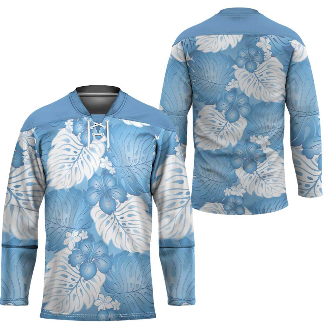 Blue Aloha Hawaii Hockey Jersey Monstera Hibiscus Plumeria Seamless Vibes - Polynesian Pride