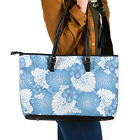 Blue Aloha Hawaii Leather Tote Bag Monstera Hibiscus Plumeria Seamless Vibes - Polynesian Pride