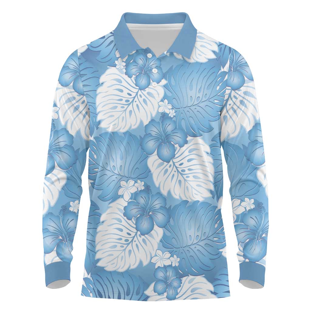 Blue Aloha Hawaii Long Sleeve Polo Shirt Monstera Hibiscus Plumeria Seamless Vibes - Polynesian Pride