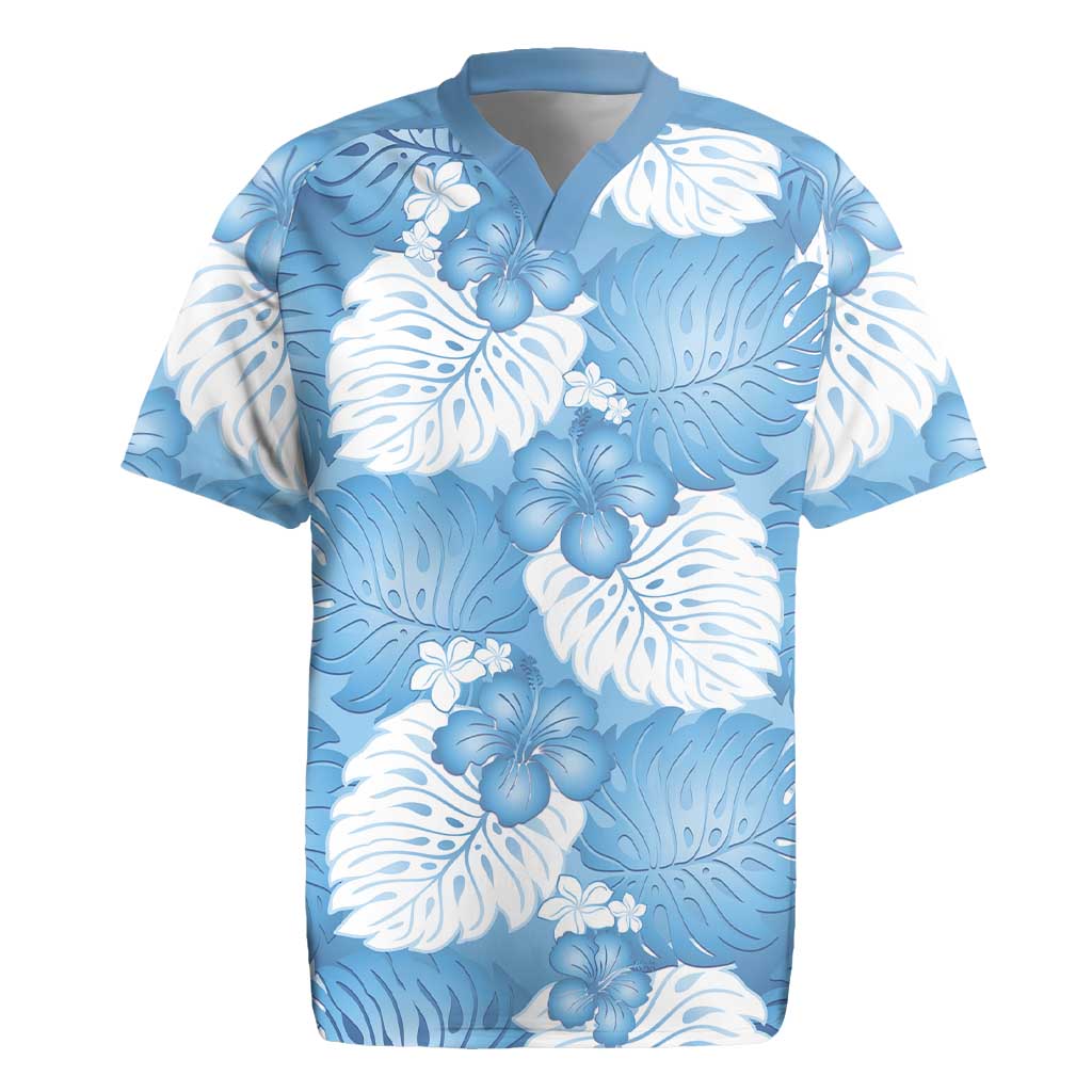 Blue Aloha Hawaii Rugby Jersey Monstera Hibiscus Plumeria Seamless Vibes - Polynesian Pride