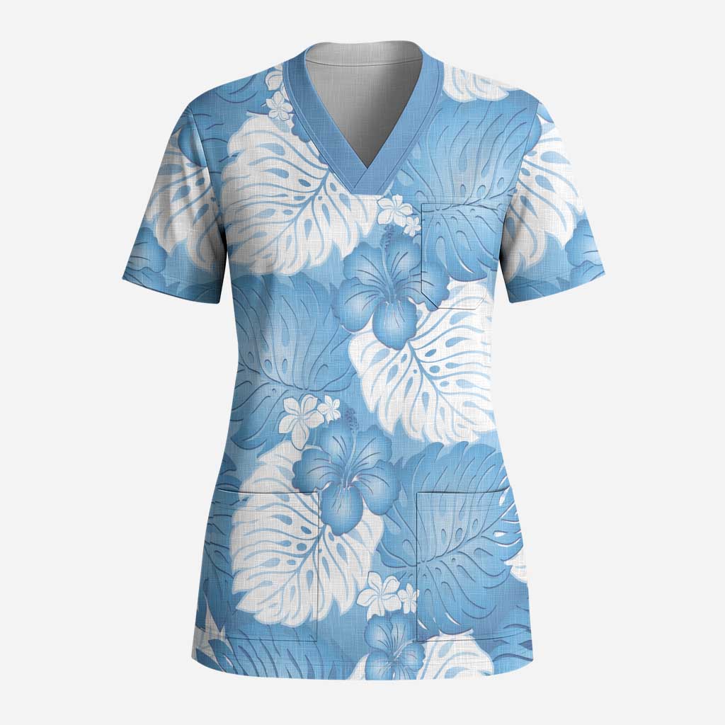 Blue Aloha Hawaii Scrub Top Monstera Hibiscus Plumeria Seamless Vibes - Polynesian Pride