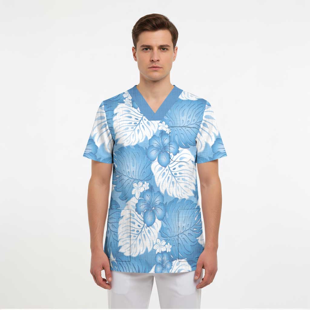 Blue Aloha Hawaii Scrub Top Monstera Hibiscus Plumeria Seamless Vibes - Polynesian Pride