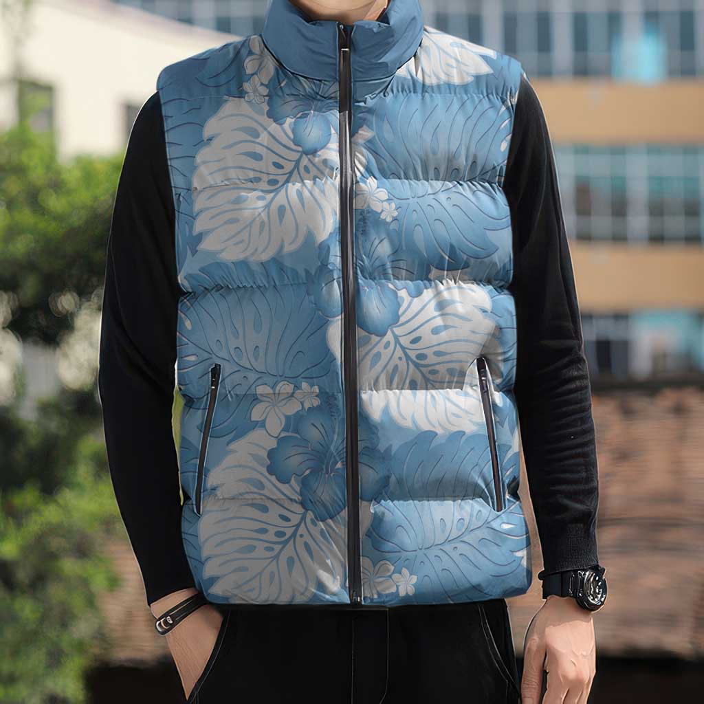 Blue Aloha Hawaii Sleeveless Puffer Jacket Monstera Hibiscus Plumeria Seamless Vibes - Polynesian Pride