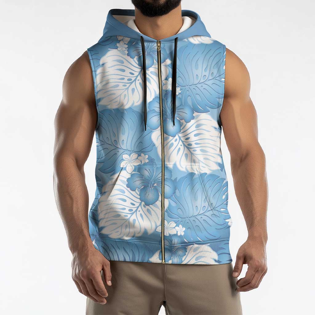 Blue Aloha Hawaii Sleeveless Zip Hoodie Monstera Hibiscus Plumeria Seamless Vibes - Polynesian Pride