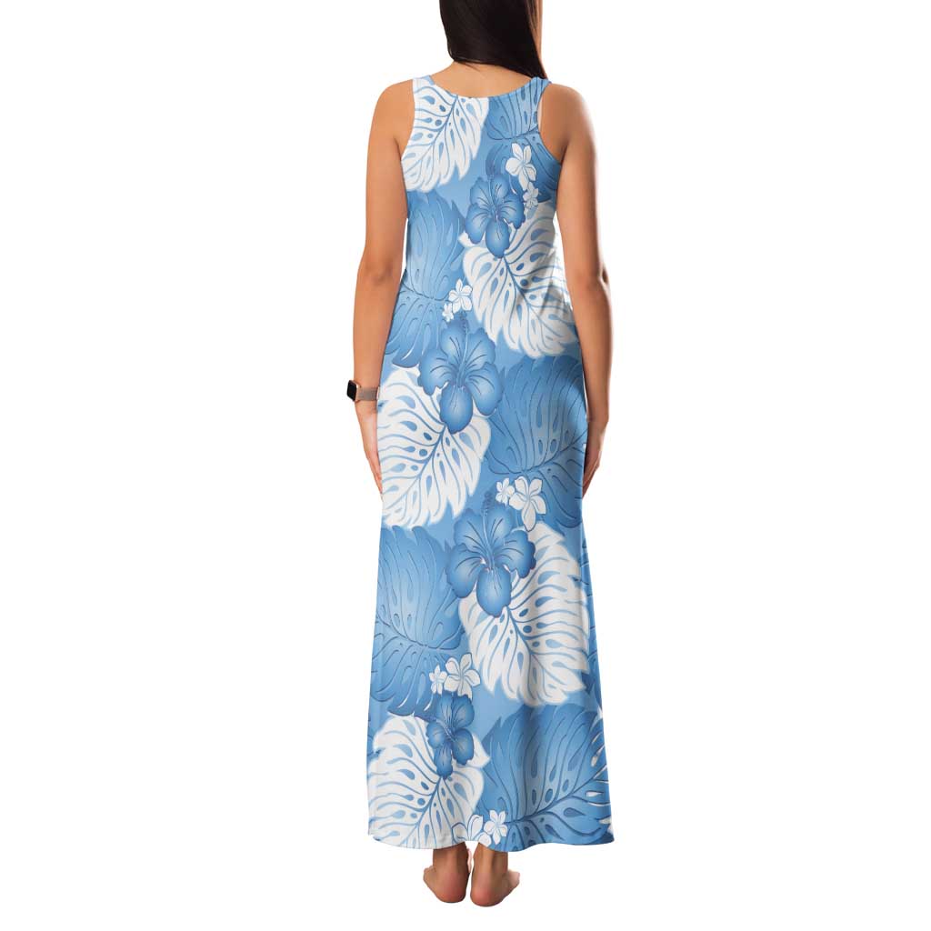 Blue Aloha Hawaii Tank Maxi Dress Monstera Hibiscus Plumeria Seamless Vibes - Polynesian Pride