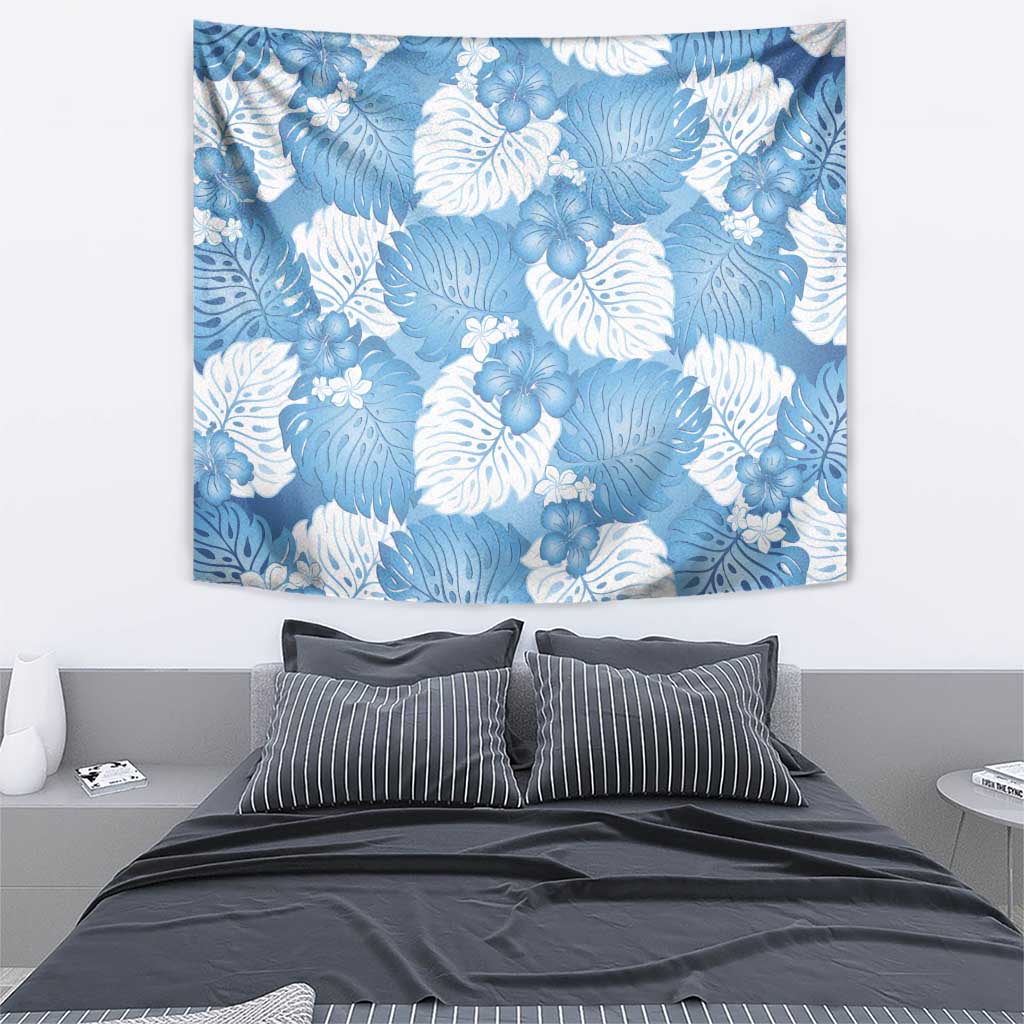 Blue Aloha Hawaii Tapestry Monstera Hibiscus Plumeria Seamless Vibes - Polynesian Pride