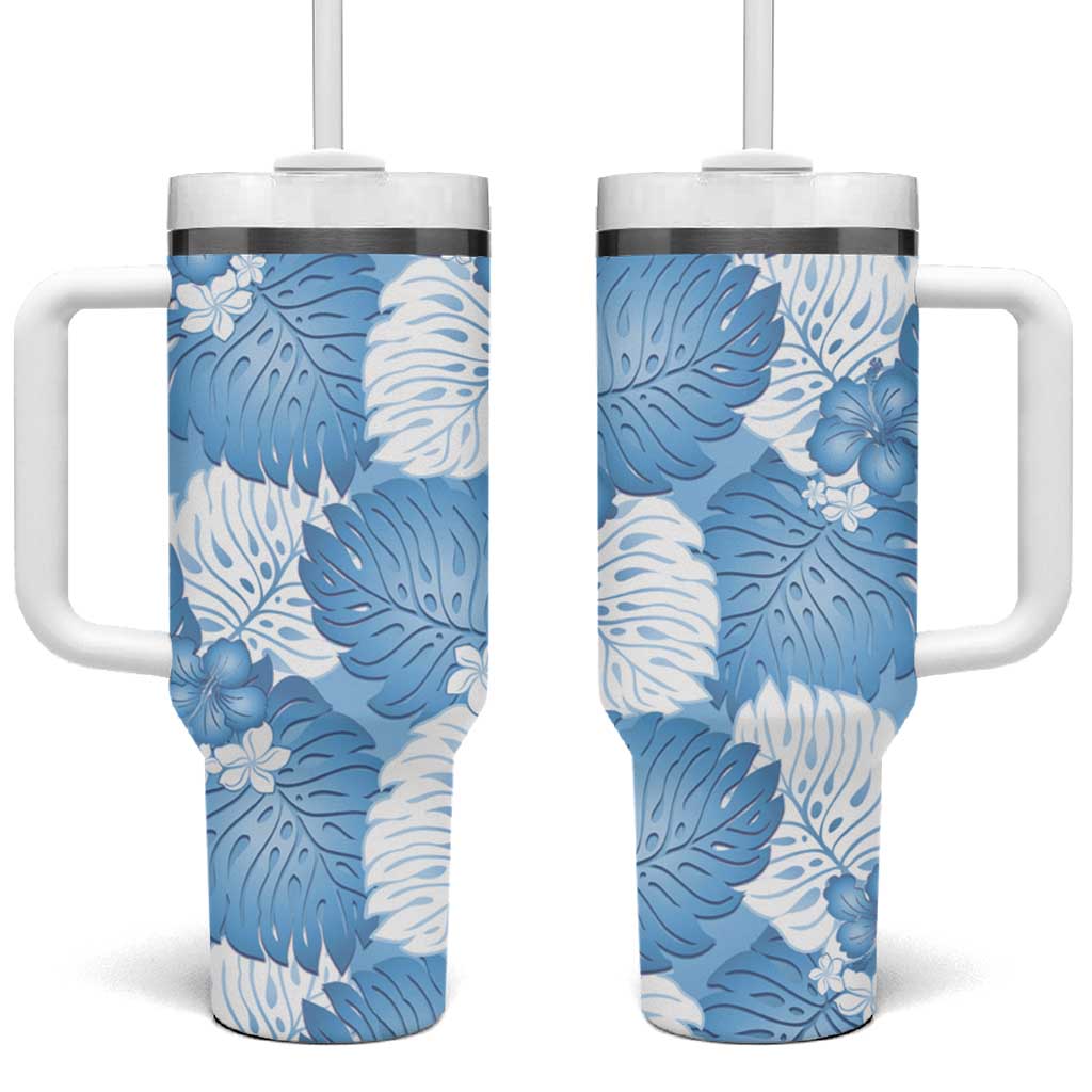 Blue Aloha Hawaii Tumbler With Handle Monstera Hibiscus Plumeria Seamless Vibes - Polynesian Pride