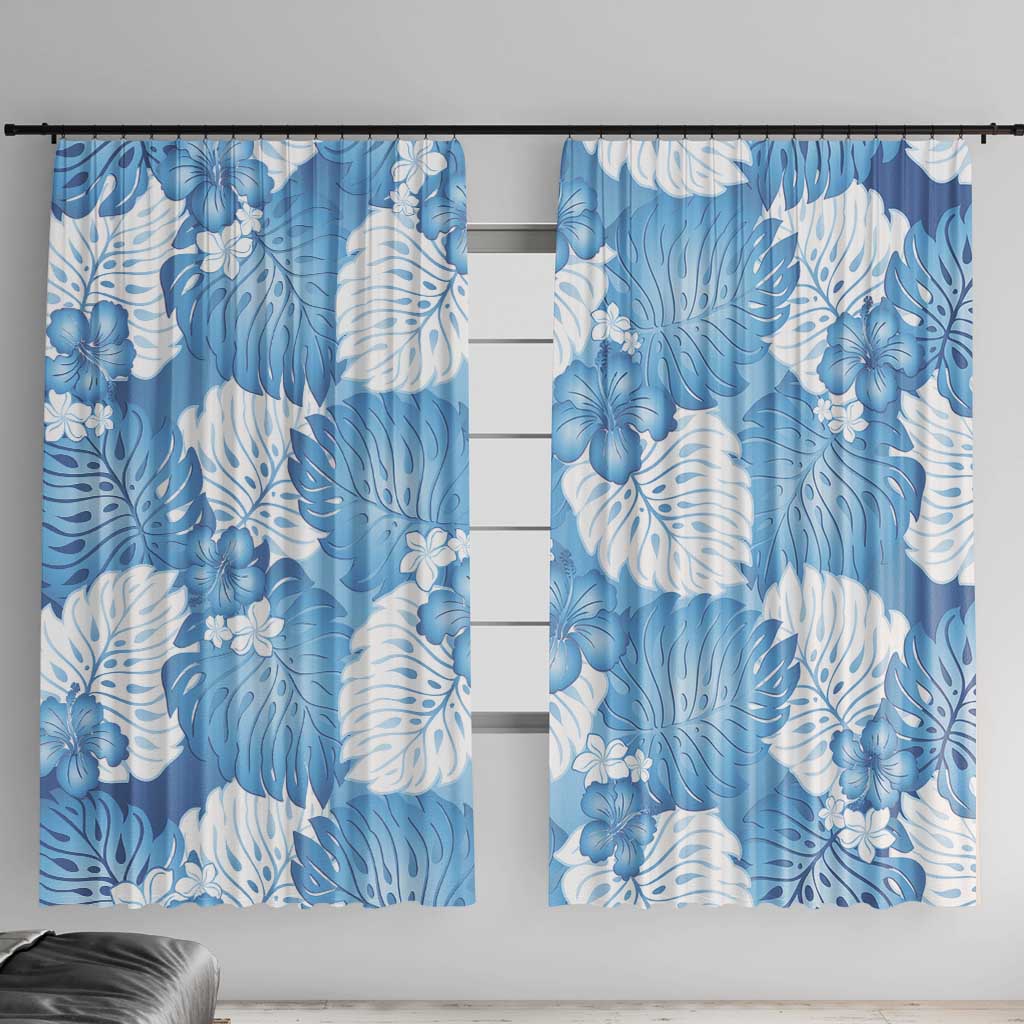 Blue Aloha Hawaii Window Curtain Monstera Hibiscus Plumeria Seamless Vibes - Polynesian Pride
