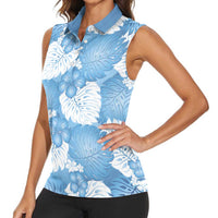 Blue Aloha Hawaii Women Sleeveless Polo Shirt Monstera Hibiscus Plumeria Seamless Vibes - Polynesian Pride