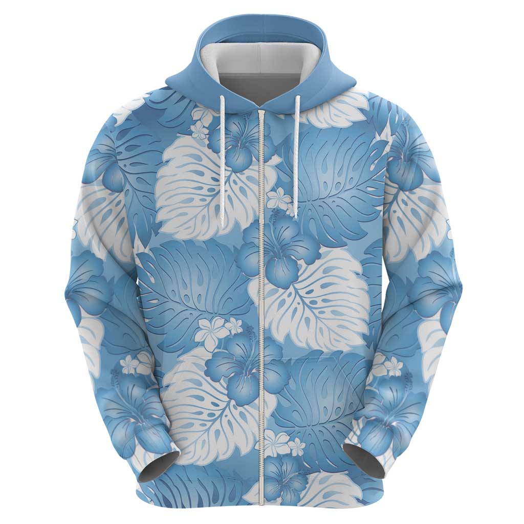 Blue Aloha Hawaii Zip Hoodie Monstera Hibiscus Plumeria Seamless Vibes - Polynesian Pride
