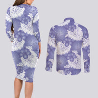 Purple Aloha Hawaii Couples Matching Long Sleeve Bodycon Dress and Long Sleeve Button Shirt Monstera Hibiscus Plumeria Seamless Vibes - Polynesian Pride