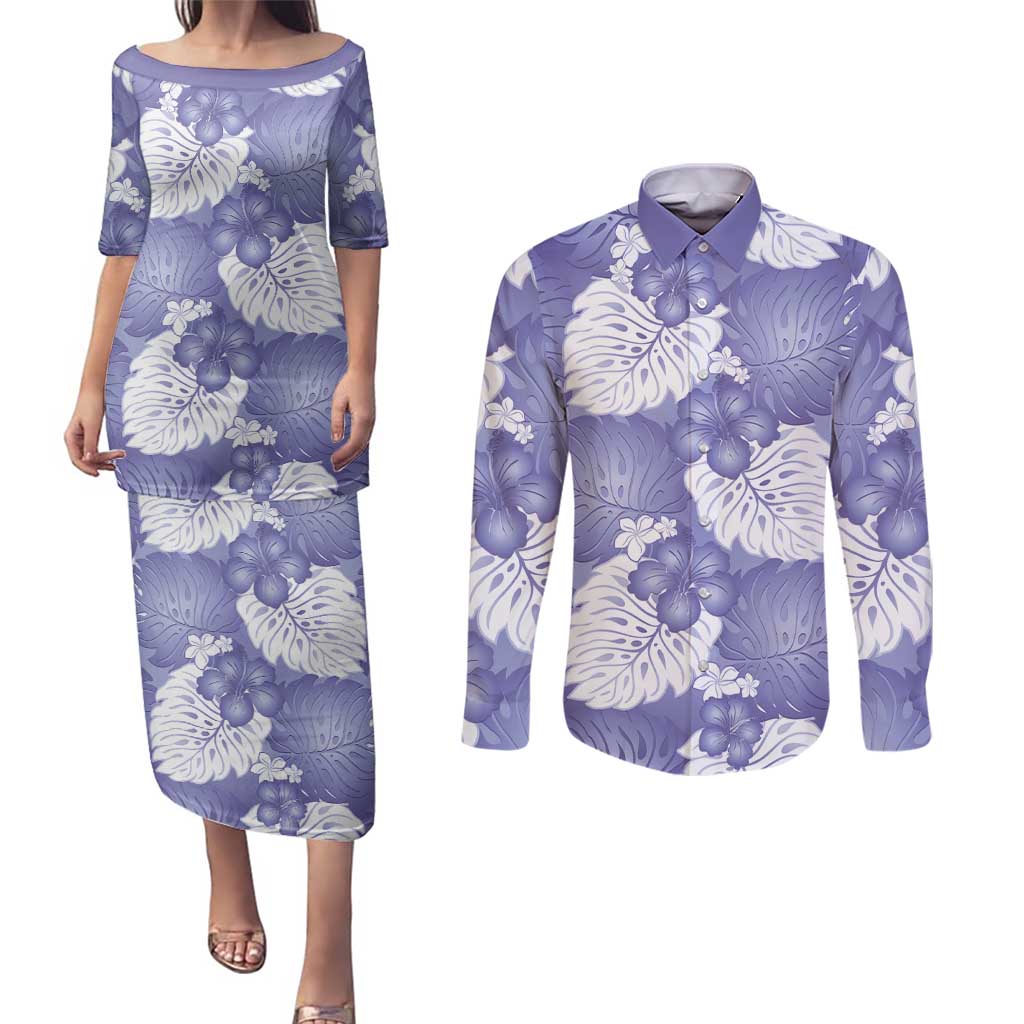 Purple Aloha Hawaii Couples Matching Puletasi and Long Sleeve Button Shirt Monstera Hibiscus Plumeria Seamless Vibes - Polynesian Pride