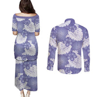 Purple Aloha Hawaii Couples Matching Puletasi and Long Sleeve Button Shirt Monstera Hibiscus Plumeria Seamless Vibes - Polynesian Pride