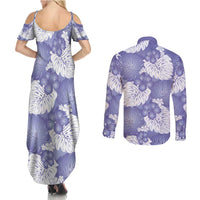 Purple Aloha Hawaii Couples Matching Summer Maxi Dress and Long Sleeve Button Shirt Monstera Hibiscus Plumeria Seamless Vibes - Polynesian Pride