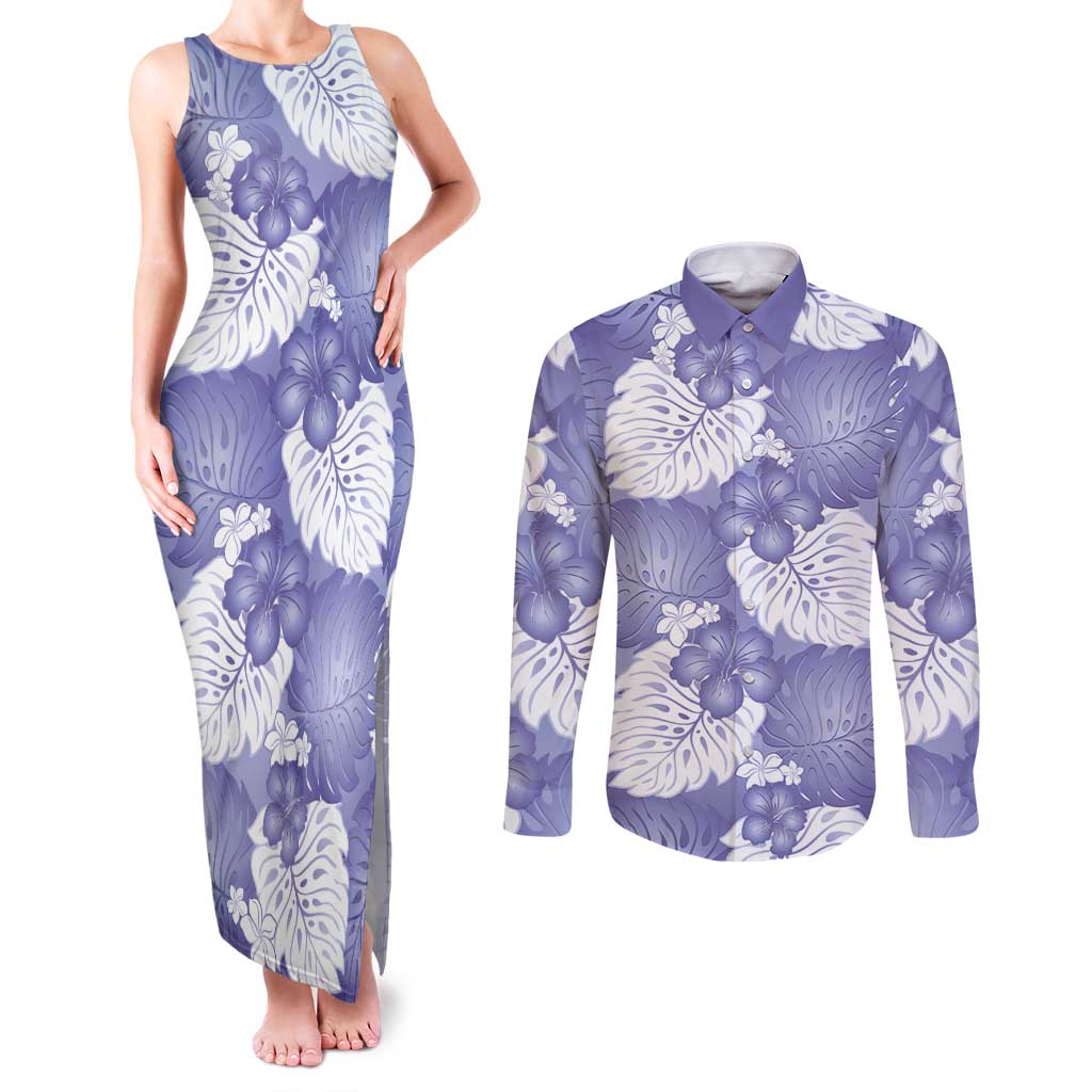Purple Aloha Hawaii Couples Matching Tank Maxi Dress and Long Sleeve Button Shirt Monstera Hibiscus Plumeria Seamless Vibes - Polynesian Pride