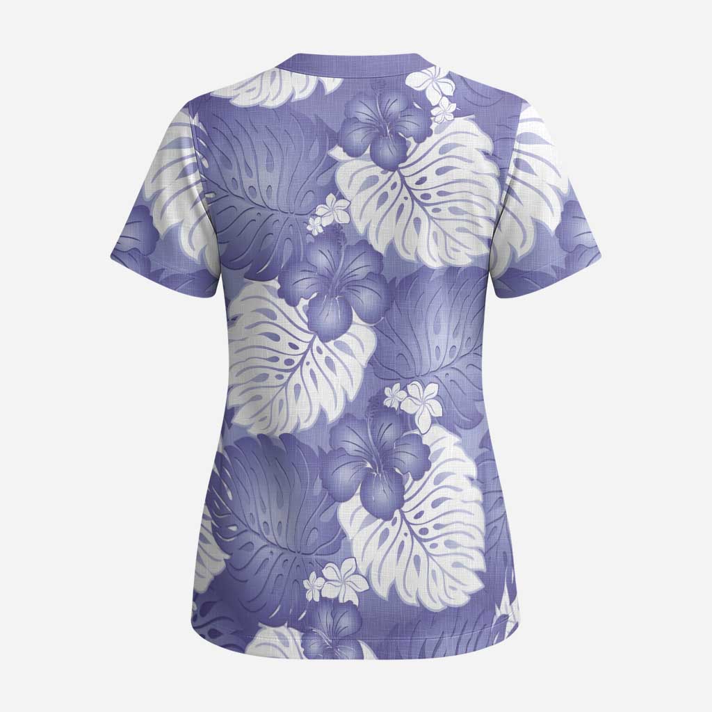 Purple Aloha Hawaii Scrub Top Monstera Hibiscus Plumeria Seamless Vibes - Polynesian Pride