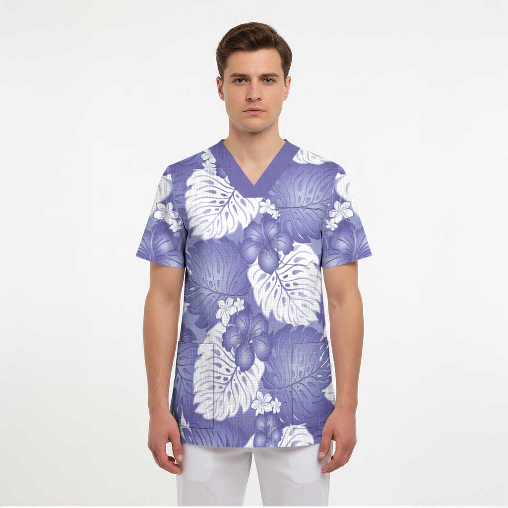 Purple Aloha Hawaii Scrub Top Monstera Hibiscus Plumeria Seamless Vibes - Polynesian Pride