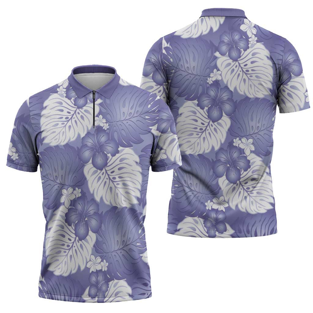 Purple Aloha Hawaii Zipper Polo Shirt Monstera Hibiscus Plumeria Seamless Vibes - Polynesian Pride