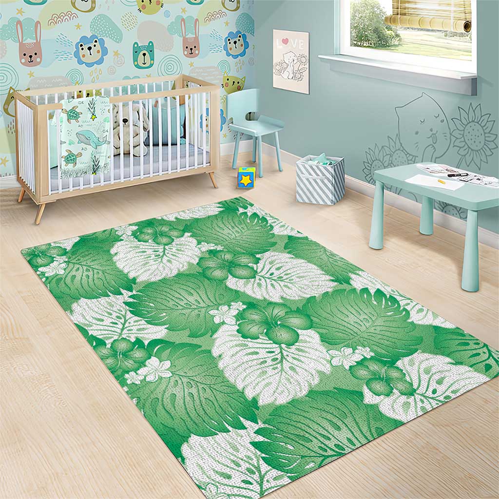 Green Aloha Hawaii Area Rug Monstera Hibiscus Plumeria Seamless Vibes - Polynesian Pride