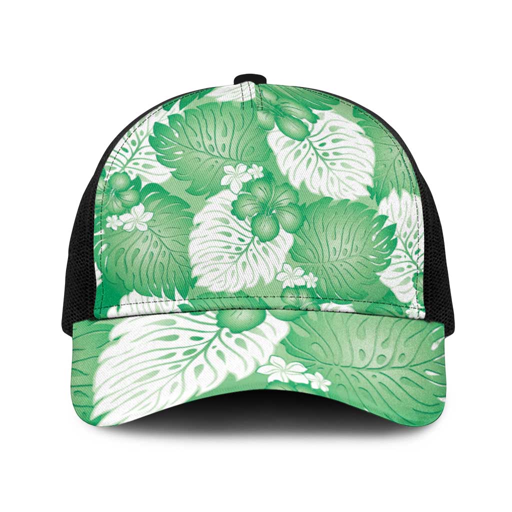 Green Aloha Hawaii Baseball Net Cap Monstera Hibiscus Plumeria Seamless Vibes - Polynesian Pride